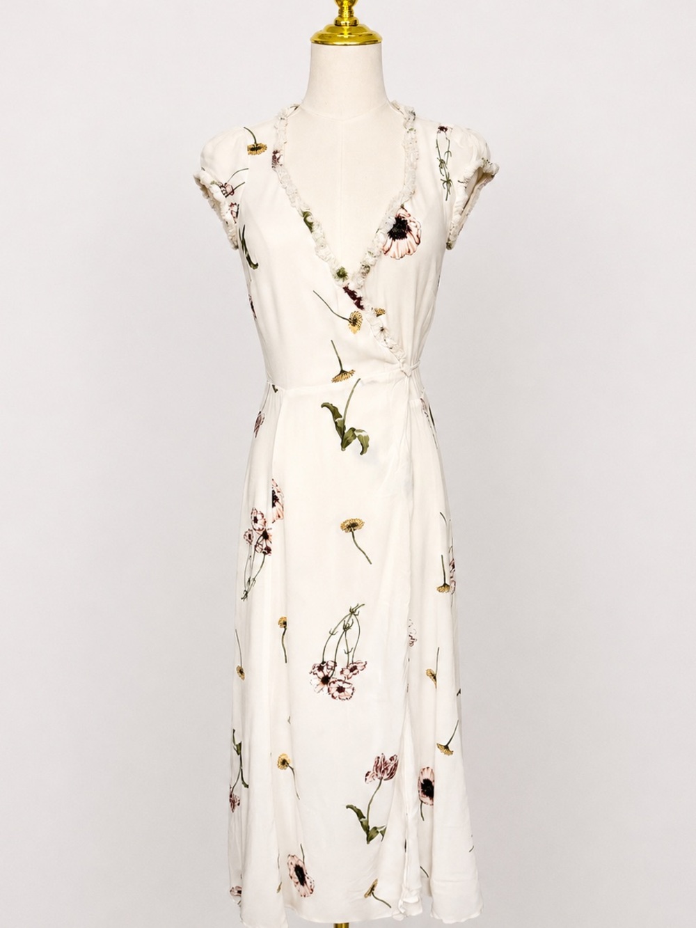 Reformation Ivory Floral Midi Wrap Dress